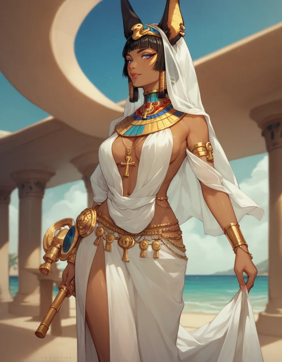 Anubis, an animal-eared girl wearing a chiton dress, with short Cleopatra hair, with ancient Egyptian gold jewelry, standing by the sea, small