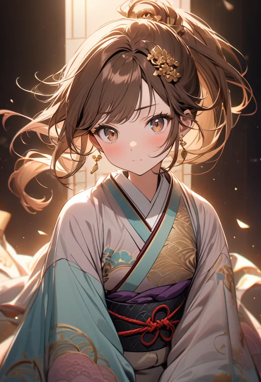 with long brown hair styled in a loose ponytail,  wearing a traditional Japanese-style kimono,  pale pink and light teal colors, flowing and layered,  detailed embroidery patterns,  pale pink blush on her cheeks,  brown eyes,  soft expression,  wearing gol...