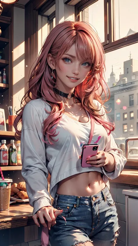 AniPoma 1,(masterpiece,  best illustration, The best manga), Alone, 1 girl, violet eyes, ( Shiny Skin,  soft hair for cell phones), (Milkshake in hand), freckles, (Bright pink two-tone hair:1.3), ( wear a Led Zeppelin t-shirt,  denim jeans), ( Extreme ligh...