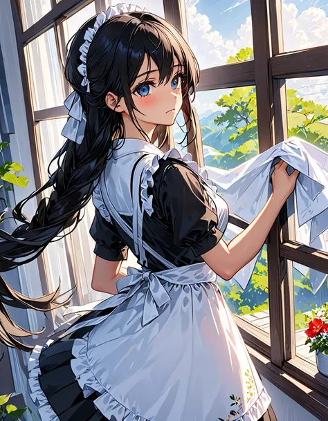 long hair、 black hair、Maid、scene of wiping windows with a rag from inside、群青色のMaid服、white apron、White Prim、try as hard as one can