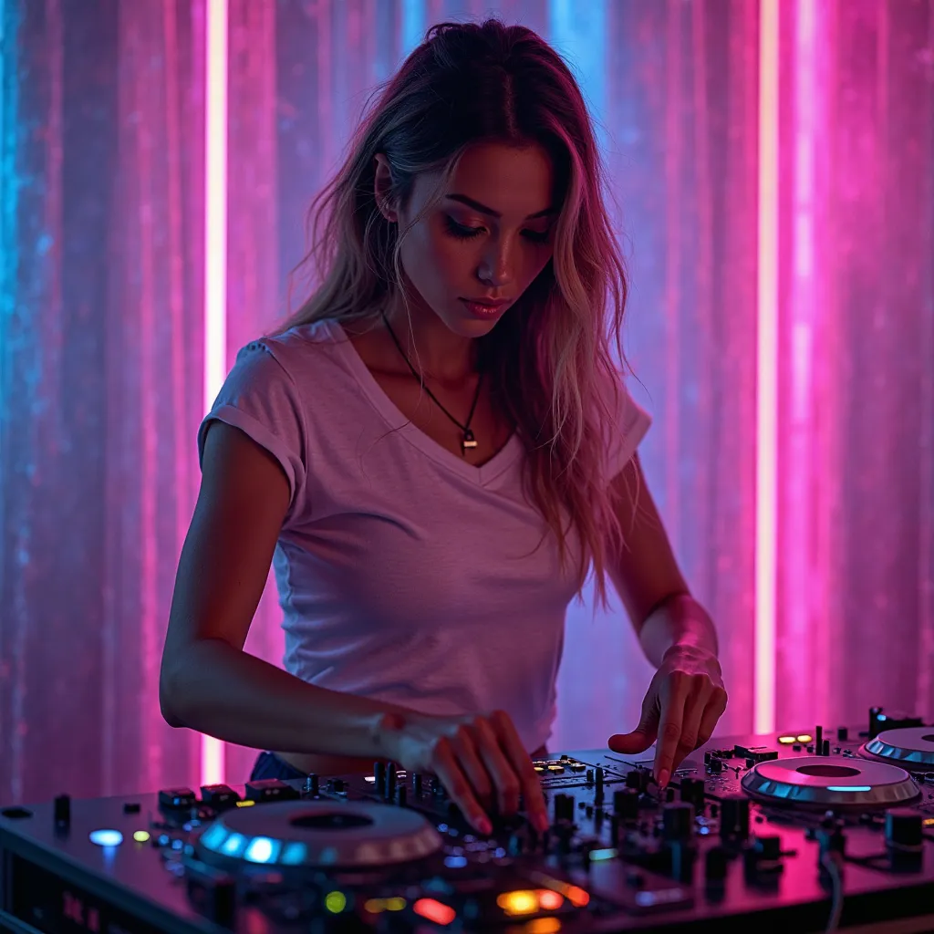 1 beautiful female DJ with turntable and headphones, wearing t-shirt, neon backgoundbest quality,4K,8K,high resolution,masterpiece,ultra-detailed,realistic,photorealistic,photo-realistic,HDR,UHD,studio lighting,ultra-fine painting,sharp focus,physically-ba...