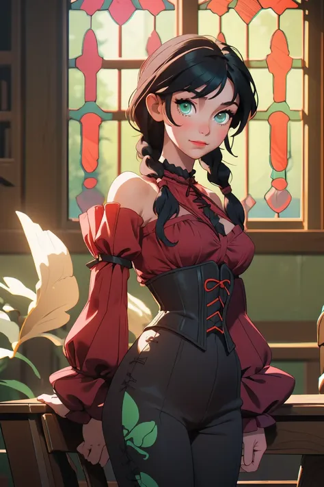 (masterpiece, best quality), blurry foreground, contemporary, ((intricate, print, pattern)), dappled sunlight, happy, 1girl, black hair, standing, cowboy shot, green eyes, looking at viewer, twin braids, corset, puffy sleeves, closed mouth, juliet sleeves,...