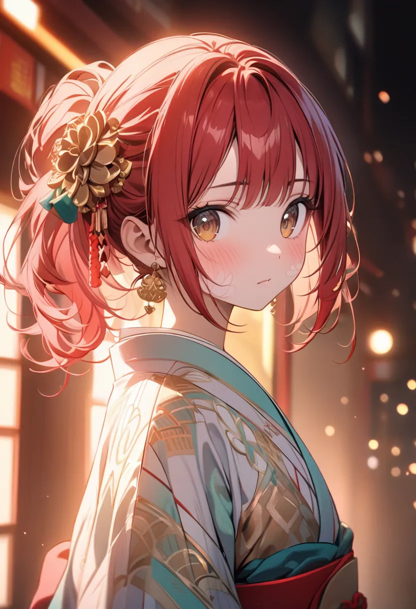 vibrant red short hair, styled in a loose ponytail,  wearing a traditional Japanese-style kimono,  pale pink and light teal colors, flowing and layered,  detailed embroidery patterns,  pale pink blush on her cheeks,  brown eyes,  soft expression,  wearing ...