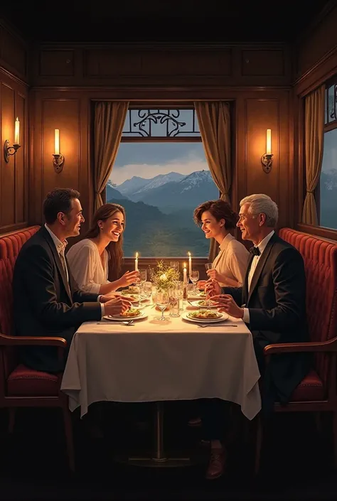 People are having dinner on a train