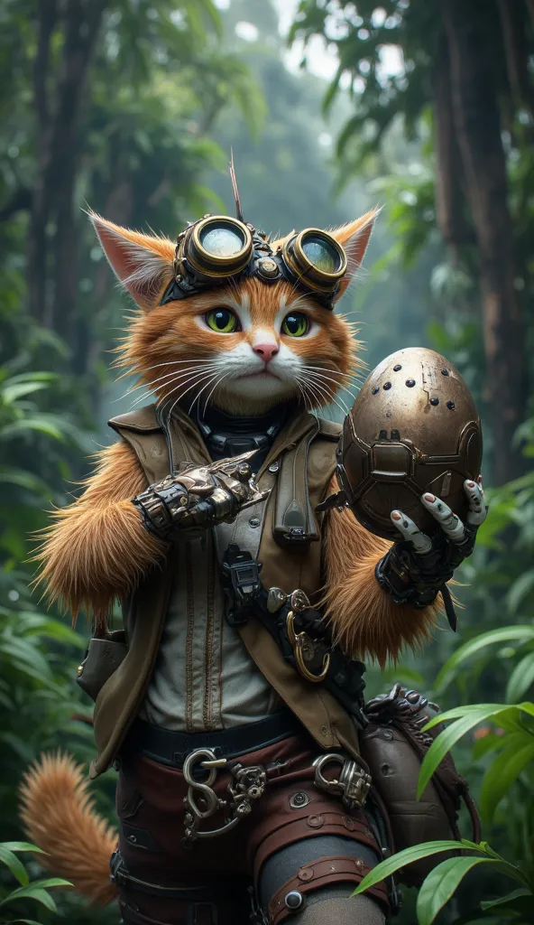 A whimsical and adventurous scene unfolds in a lush, verdant jungle setting. At the center of this enchanting tableau is an anthropomorphic cat, exuding a sense of curiosity and exploration. The feline adventurer is adorned in a steampunk-inspired outfit, ...