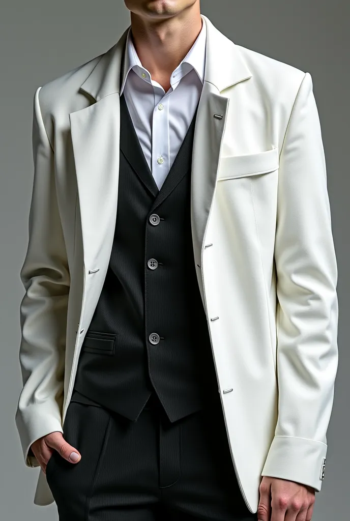 A male friend wears a white shirt with an inner collar and flaps, a unisex wide form black gilet in the middle and a white Cadigan jacket on the outer