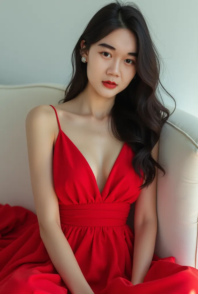 A photorealistic, UHD, 8K photo of a glamorous portrait of a Korean woman in a red dress, reclining on a white couch or sofa. She has long dark hair and is looking directly at the camera with a confident expression. The setting appears to be a minimalist, ...