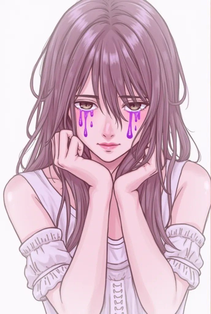 Draw at sketch oh a person looking down only use the color pink having tears purple tears