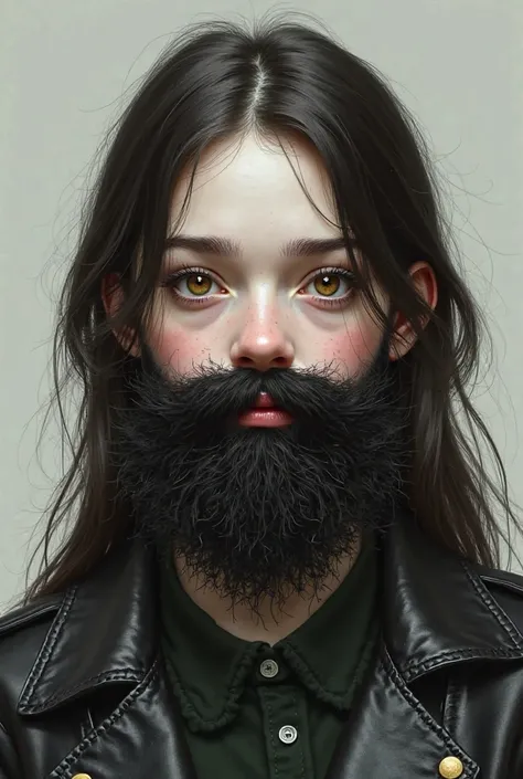 18 years old, with light brown eyes, with black and long hair, draw a schoolgirl with a dirty beard with white skin and a leather jacket on 