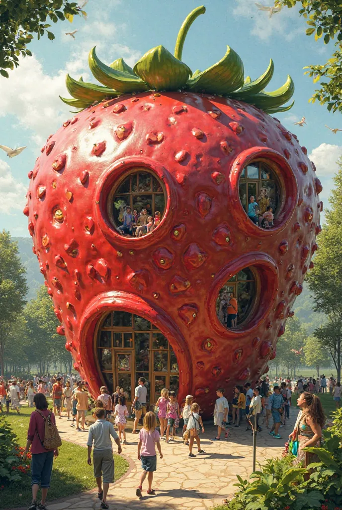 Strawberry-shaped building with people