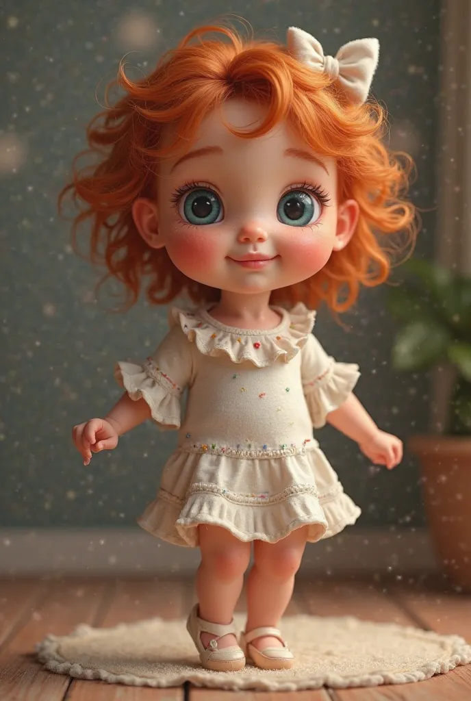 a realistic and detailed image of an extremely cute baby dancing, She has beautiful freckles on her face, pink cheeks, beautiful red curls and blue eyes. and very cute clothes the atmosphere is cozy and full of detailed realism, The baby has bright and cut...