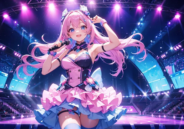 A beautiful idol girl stands on the stage of a cyber live show. Her pink and blue gradient hair and digital dress look like sparkling stars. She holds a glowing microphone and smiles brightly at the audience. In the background, countless holographic penlig...