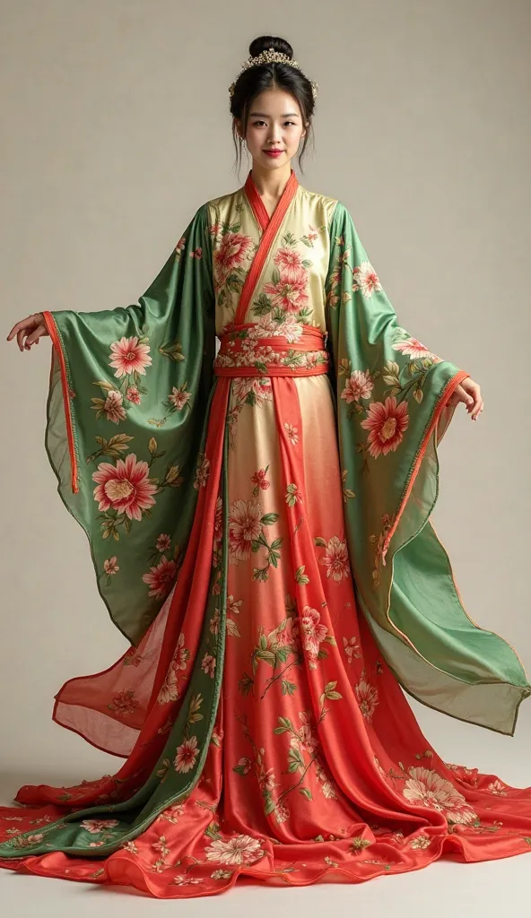 "A stunning traditional Chinese Hanfu design inspired by apples, blending elegance and whimsy. The Hanfu is in vibrant apple colors—rich reds and greens with subtle gradients, resembling the skin and flesh of a ripe apple. The fabric has a glossy texture, ...