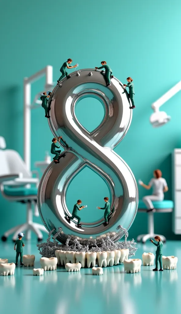 Memorial image of March 8, International Women's Day, set in a modern dental chair turquoise walled dental office. In the center of the composition there is a giant number 8 made entirely of polished titanium metal, with their characteristic greyish silver...