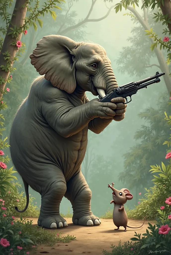 an elephant, standing on its hind legs, shoots at the mouse with a gun