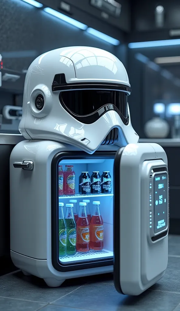 A high-tech mini fridge designed like a Star Wars Stormtrooper helmet. The fridge is sleek and glossy white with black detailing, mimicking the helmet's structure. The eyes of the helmet are tinted glass, and a futuristic digital display is embedded on the...