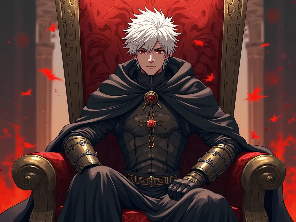 je veux un garçon d'anime cheveux blanc yeux rouge ecarlate.visage caché par le soleil.capuche cape noir sombre assis sur un throne avec un lion 
entouré de sont armeé d'homme en costume arme en mains style anime eminence in shadow avec trois fille Jolie.