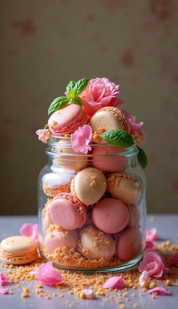 Hgraphic elements, Dynamic Light, Cinematics, HDR, UHD, professional PHOTOGRAPH OF:

"A whimsical presentation of Caramel Hazelnut Macarons displayed in a glass jar filled with colorful rock sugar 'gems.' The jar sits on a bed of crushed caramel and is ado...