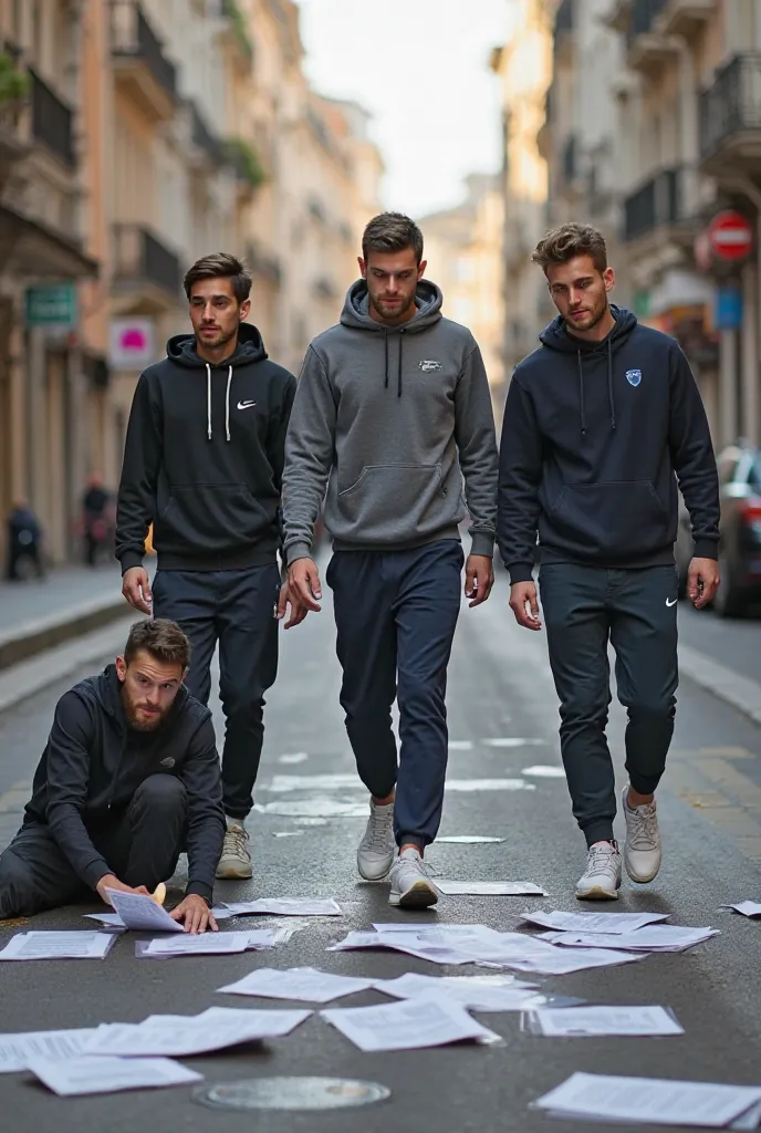 Dans la rue, trois jeunes hommes sportifs en survêtement et Nike boueuses, marchent sur des documents jetés par terre sous leurs pieds. Un autre homme assis sur le trottoir à coté d’eux, les regarde piétiner les documents.