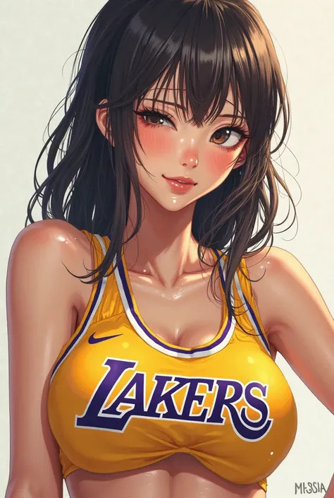 a close up of a person wearing a basketball uniform, a picture, inspired by Kentaro Miura, trending on pixiv, Nico Robin, One Piece, wearing yellow nba jersey, yellow croptop nba jersey, wearing a low cut croptop, wearing croptop, croptop, the word "Lakers...