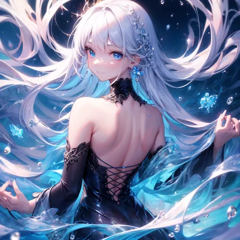 art by Cornflower,(​masterpiece),(Top Quality:1.2),(perfect anatomy),((The back of the arm)),(1 girl), image of an albino girl with a mystical vibe , Blue Eyes with Beautiful Details ,blue elegant clothes ,blue long hair , elegant face,( high-definition an...