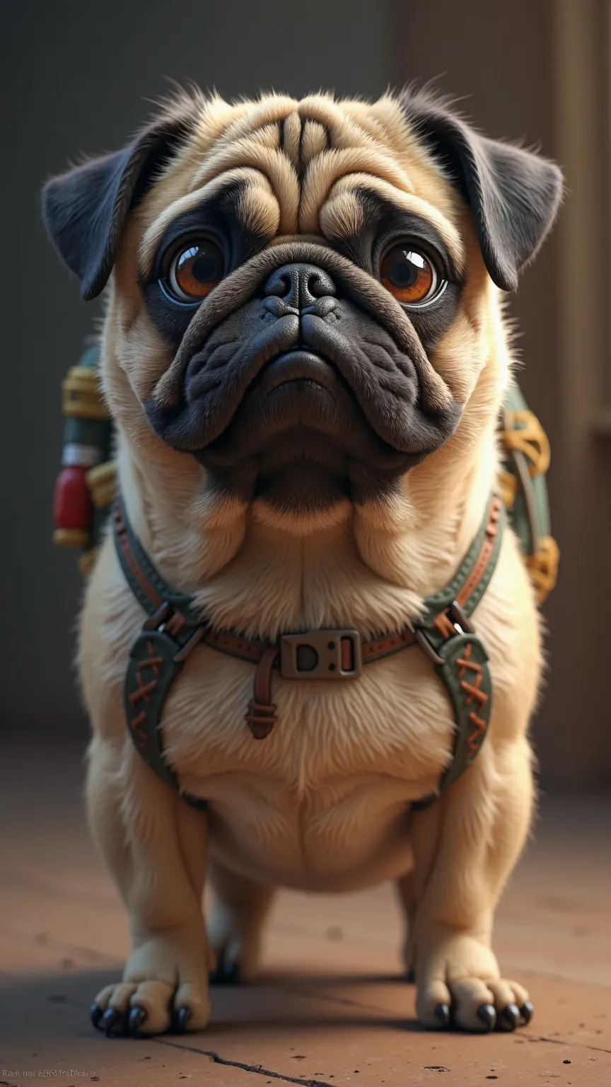 "Upper body shot of a Doug the Pug dog with a small backpack, realistic style, determined expression, ready for adventure."