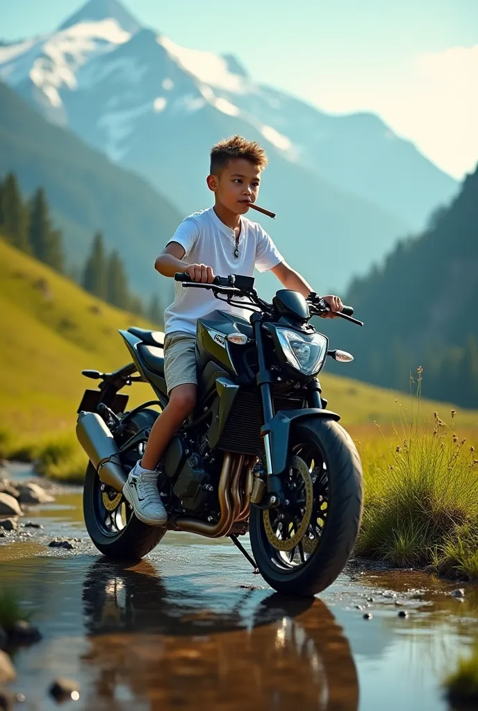 Image of a motorcycle mt 09 with a boy in a short Nike shoes Nike socks Nike white shirt with a cigar in a beautiful landscape 