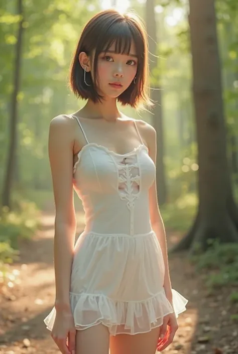 Photorealistic，Ultra high definition，single cabin，the best quality，8K， RAW photos，super detailed，ultra high resolution，(incredibly cute real JAPANESE girl)， Whole body，1 person ，looking forward，Early morning in the forest ，Bright sunlight comes in，illumina...