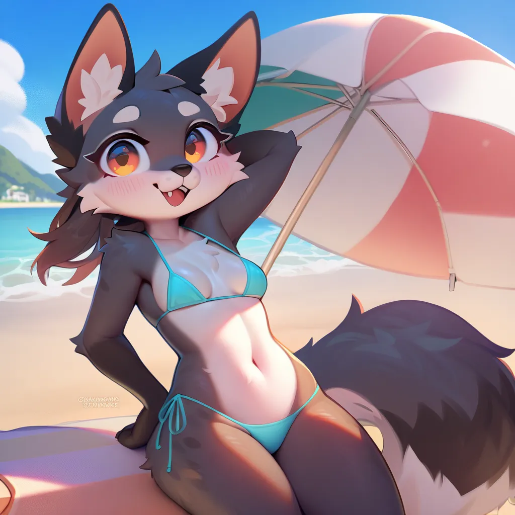 mammal, canid, canine, fox, anthro, female, bikini, thong, small_breasts, black_body, pseudo_hair, daww, beach, sky, outside, :3, open_mouth, black_tail, digital_media_(artwork), newest, (masterpiece:1.4)