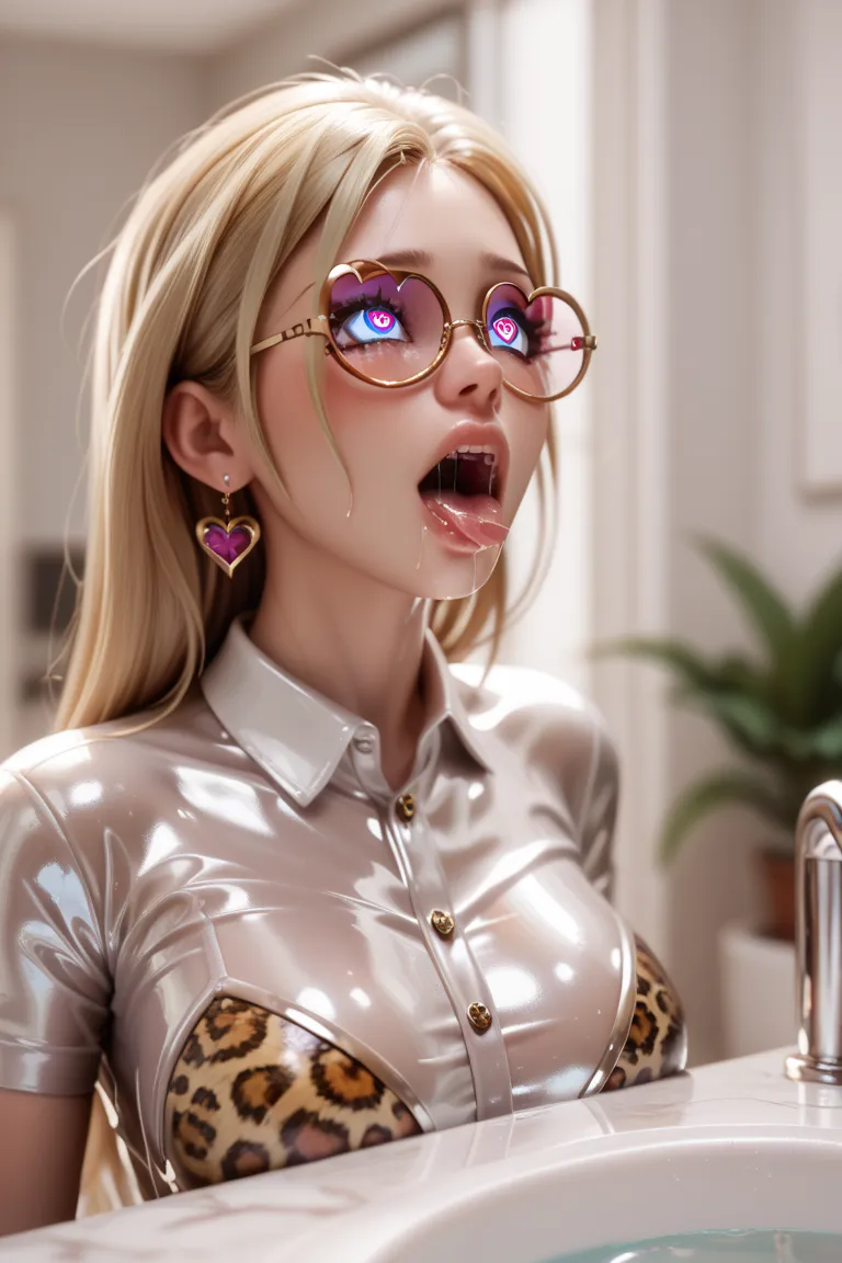    1 girl,    blonde hair , Breasts  ,  reflection ,    reflecting light ,  high resolution ,  masterpiece,  in extremely tight-fitting ,   shiny latex polo shirt with leopard print, groaning, heart glasses, Spiral eyes,saliva,salivafluss, salivaspur 