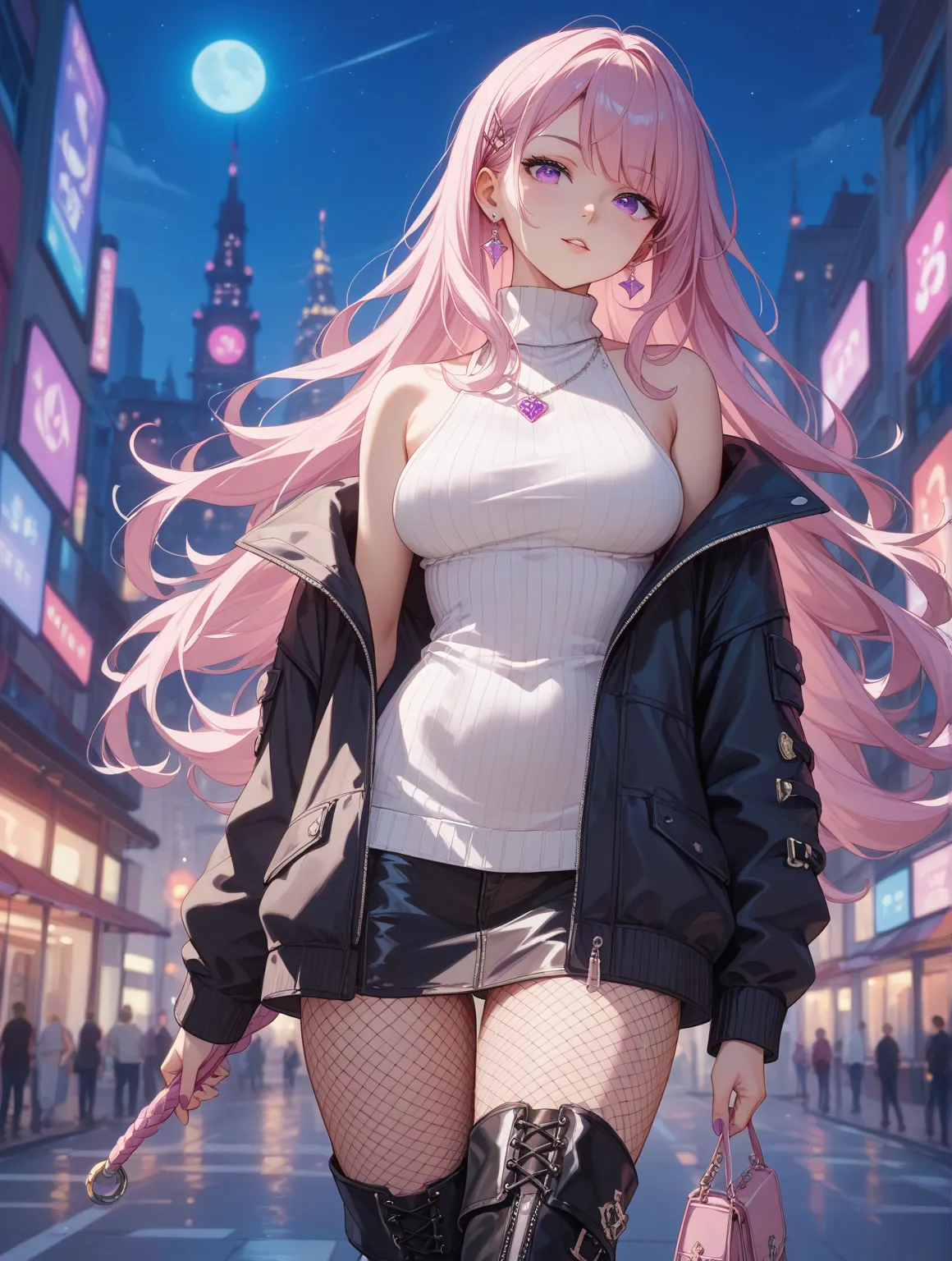 one woman、pink long hair、purple eyes、white ribbed sweater、fishnet tights、Thigh-high boots、black jacket、 night city、masterpiece、Top Quality、illustration for both eyes、standing