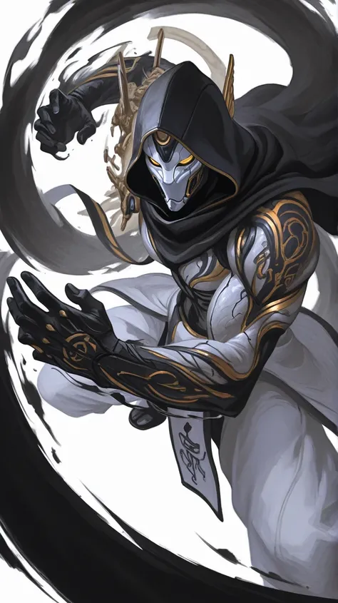 Warframe.Black Cloak, hood, White mask version of Sphinx ,
Biomechanical cybernetic. Samurai men.
Egyptian style. Tattoo. hieroglyphs.
beautiful angle. wave.
character.
white black.In black and white .
art. watercolor. streaks.White background.aura,Muscles...