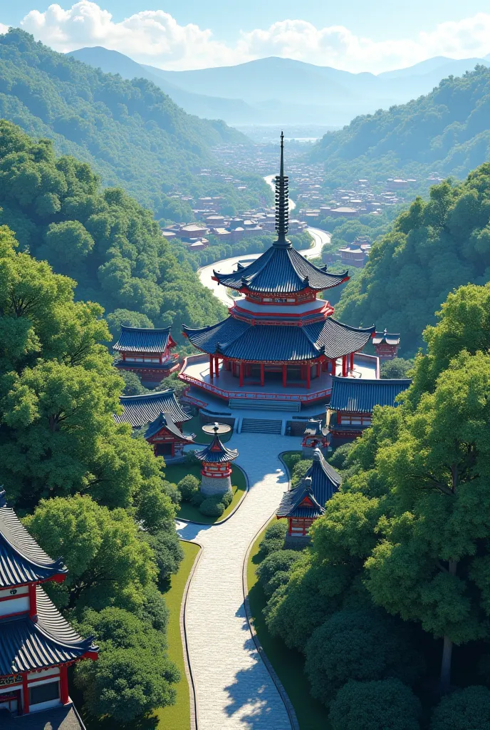  in a 3D digital style, creating a bird's-eye view of Kyoto where a temple and recognizable aspects of Asia can be seen.

