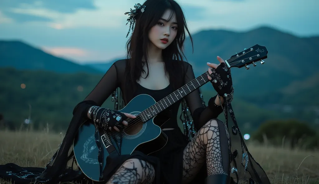 
A gothic-looking, dreamy woman sits while playing a black acoustic guitar amidst a magical atmosphere. She has long wavy hair in black with black floral accessories on the sides of her hair. His face looks focused and emotional, with a slight artistic cut...