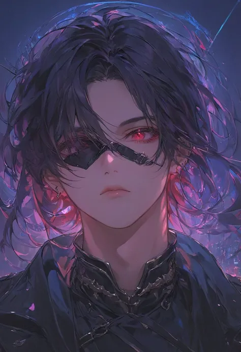 *"A highly detailed, ultra-HD anime-style illustration of a male bounty hunter with distinctly human features, captured in a centered portrait framing to ensure his black eye patch is fully visible, sharp, and well-defined. His jet-black hair, with silky h...