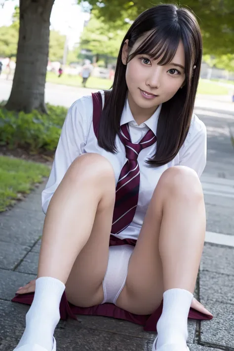 nsfw,score_9,score_8_up,score_7_up,source_photo,realistic,japanese girl,dynamic angle,straight_hair,bright_pupils,black hair,slim round face,
Lifting up her skirt and showing her white panties,school_uniform,pleated skirt,hugging own legs, socks,loafers ,p...