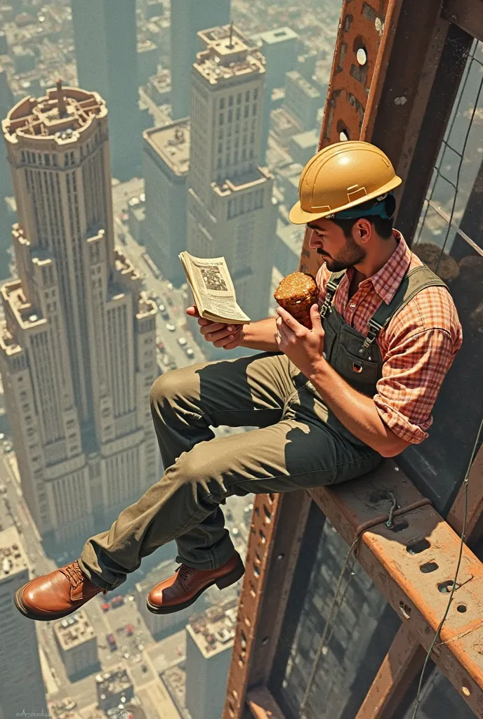 
This mid-century illustration, reminiscent of the style of Norman Rockwell magazine covers, featuring a dynamic composition and compelling visual narrative. The main subject is a construction worker, sitting on a steel beam of a skyscraper under construct...