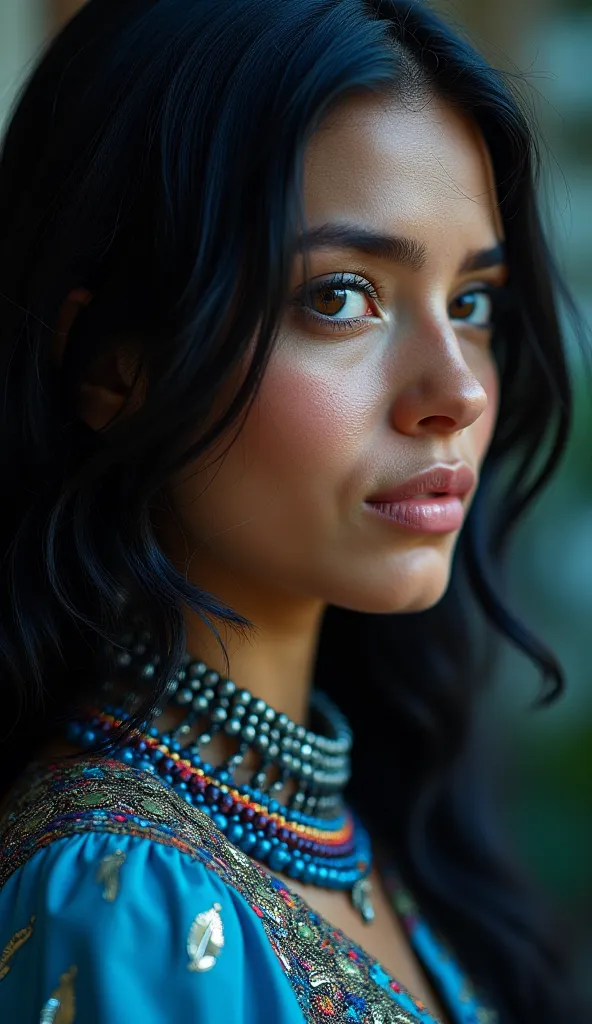 a close up of a woman with long black hair wearing a blue blouse,  30-year-old woman,  30-year-old woman, 2 , 2 , 2 , 3 , 38 years old, about 3 , 2 , ayahausca, 2 HD, (best detail), (best quality), detailed features, (colorful feathers:1.5),  metal ornamen...