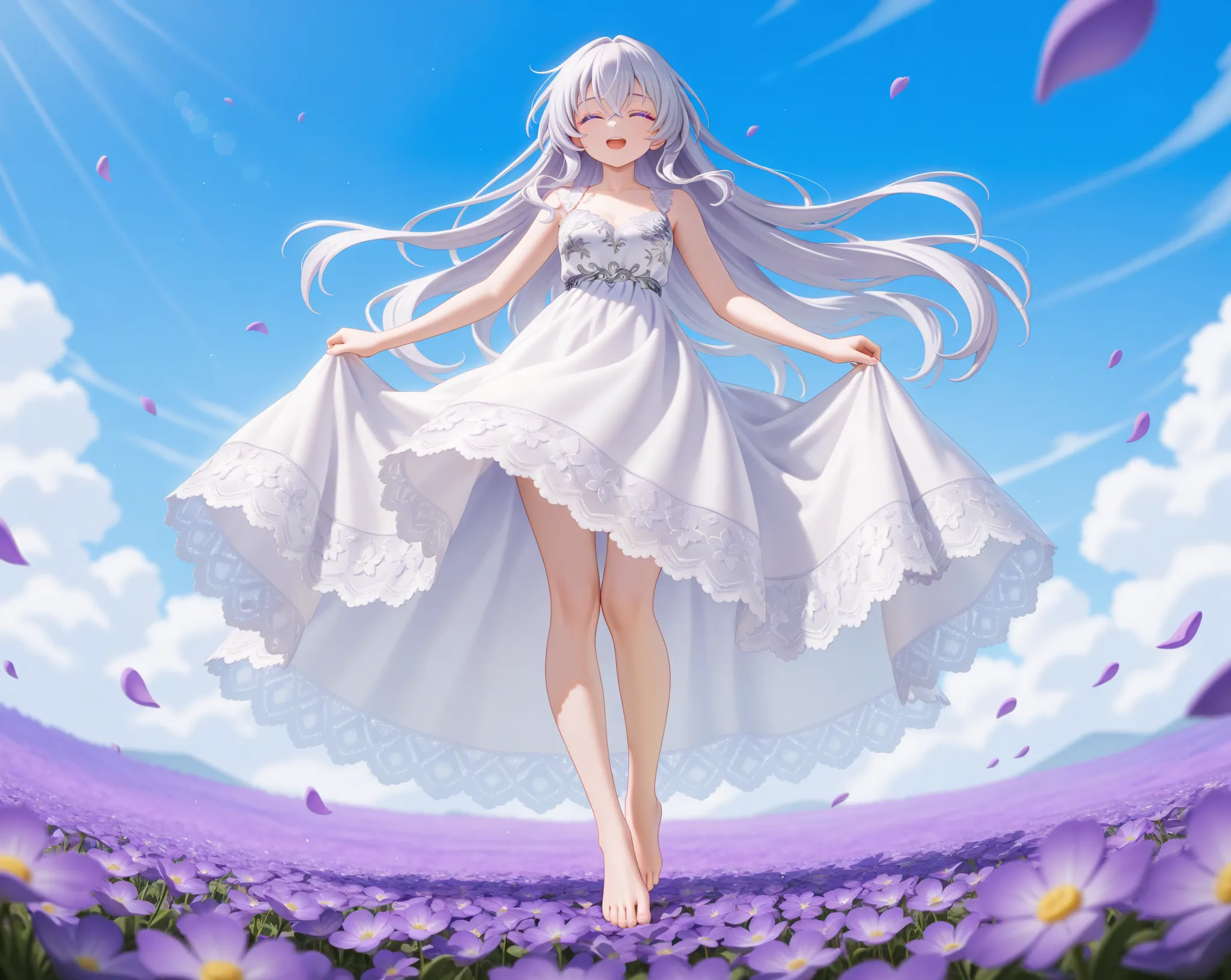 A girl spins at the center, feet in the foreground, with a flower field and blue sky as the backdrop.She smiles in bliss, eyes closed, immersed in the moment.Long, flowing silver curls, violet eyes, fair ankles.A billowing white lace dress, barefoot.Her fe...