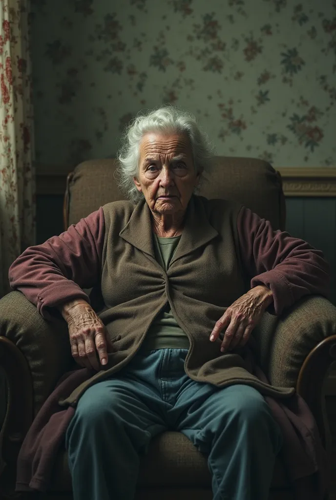 An old woman sits annoyed on a chair in the room 