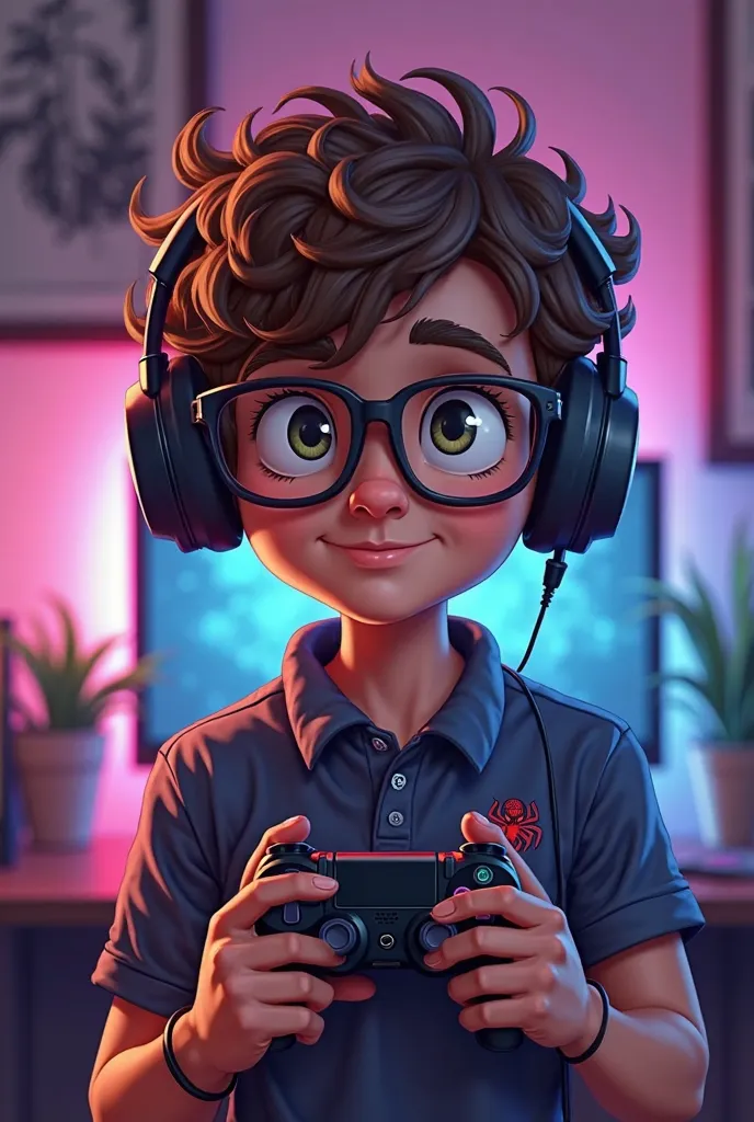 Cartoon selfie style photo of a boy with messy curlers, Skinny and wearing glasses with a Spiderman polo ,gamer headphones and a PS4 controller in hand against a background of a gamer room with RGB lights