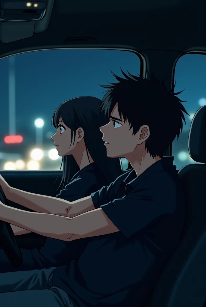 boy in a black polo shirt without a print driving a car accompanied by his girlfriend in a black polo shirt without a print and a long black hair color(Inside the car),at night on the highway.suspenseful anime style