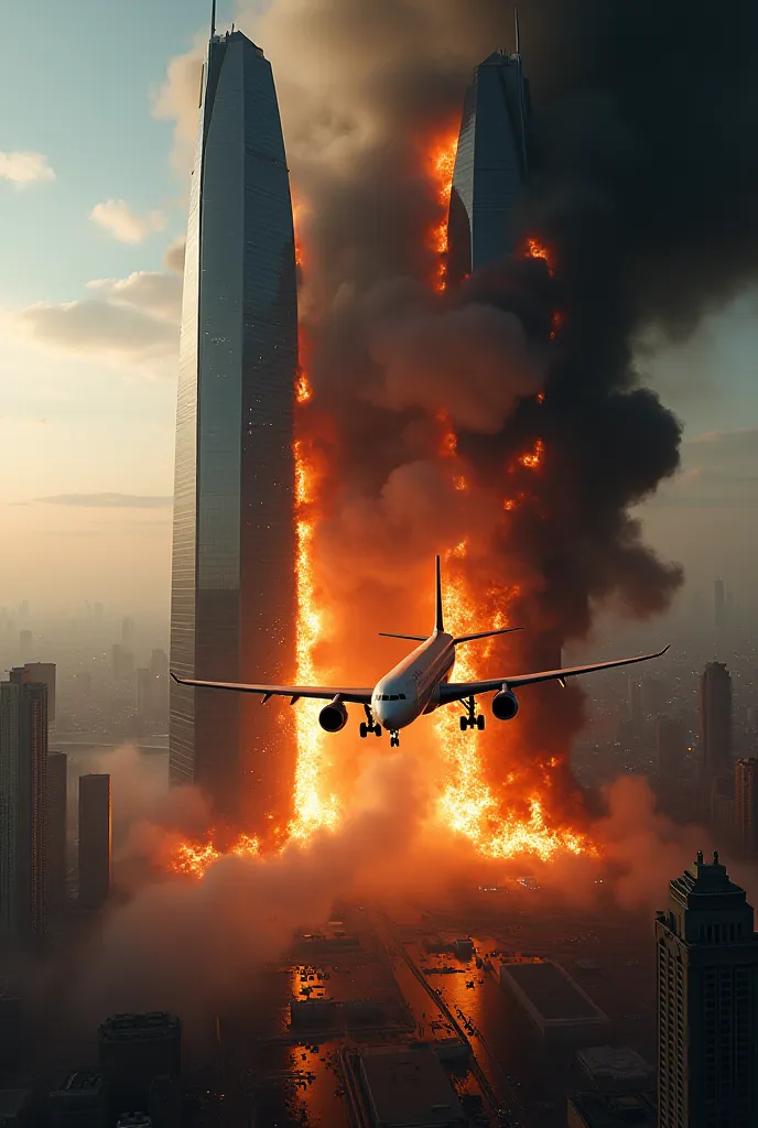 An airplane on fire crashing into two towers