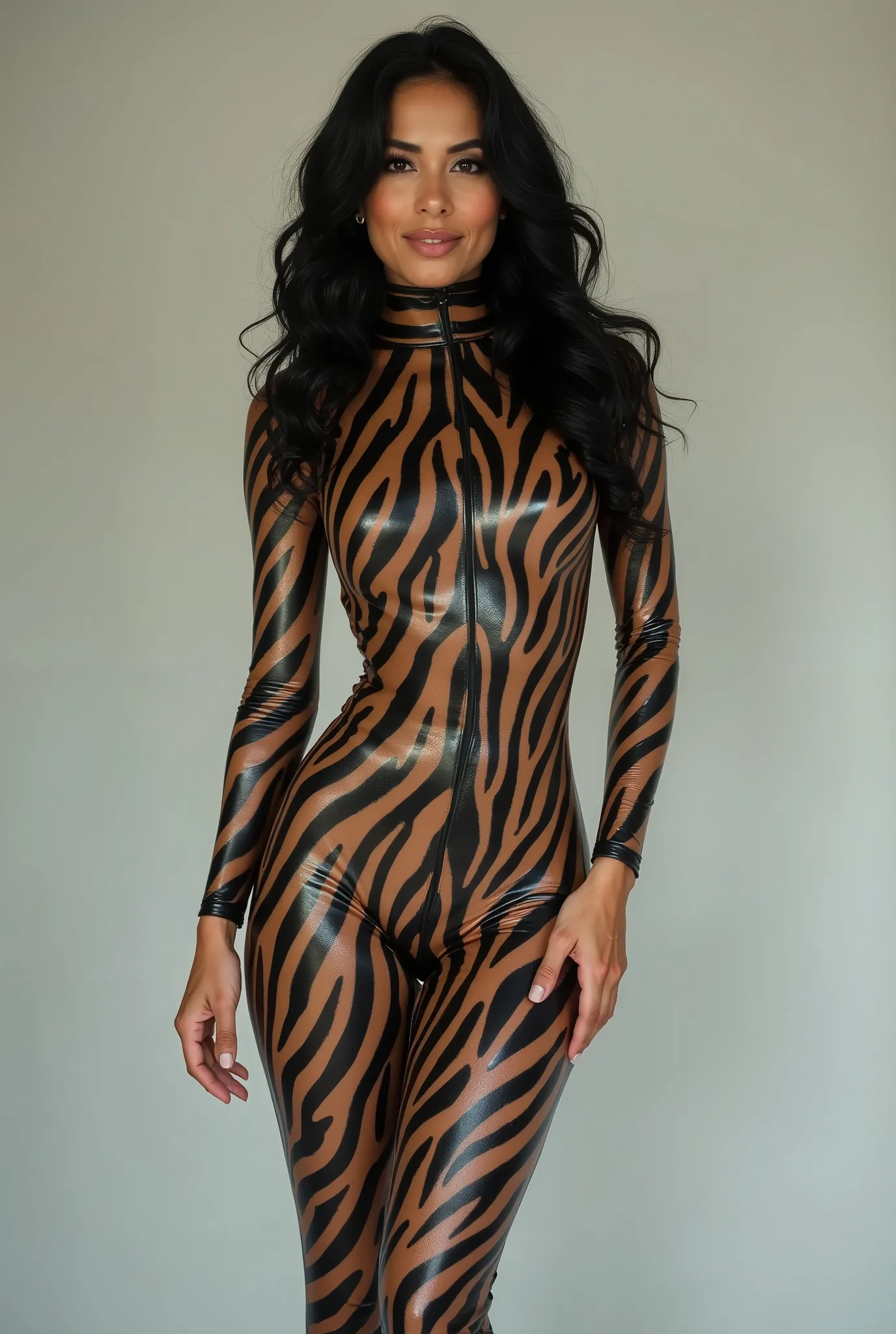 The beautiful, hour-glas-figure, most pretty and clever black waivy haired Latina woman with beautiful fine contured face and captivating smile, wears full body skin-tight black and white Zebra print Latex footed turtleneck catsuit covered with  Zebra prin...