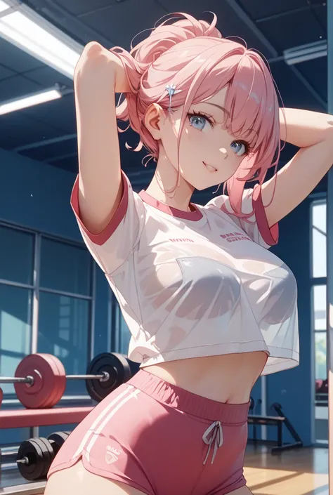 1 girl、pink hair、uncorrected、 gym clothes、transparent