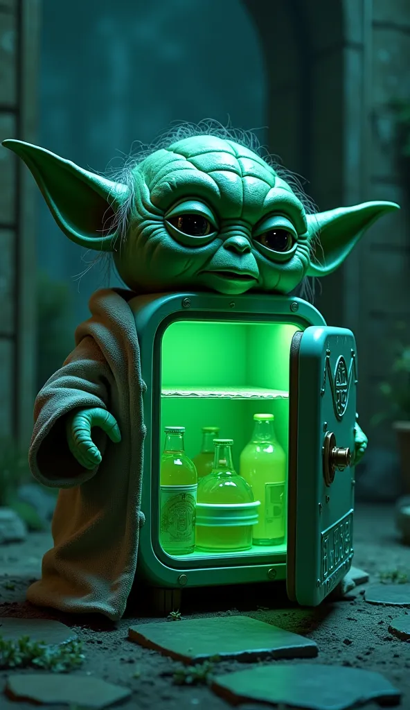 A futuristic mini fridge inspired by Master Yoda from Star Wars. The fridge is shaped like Yoda's head, featuring a highly detailed green textured surface, large wise eyes that softly glow, and pointy ears extending from the sides. The fridge door opens se...