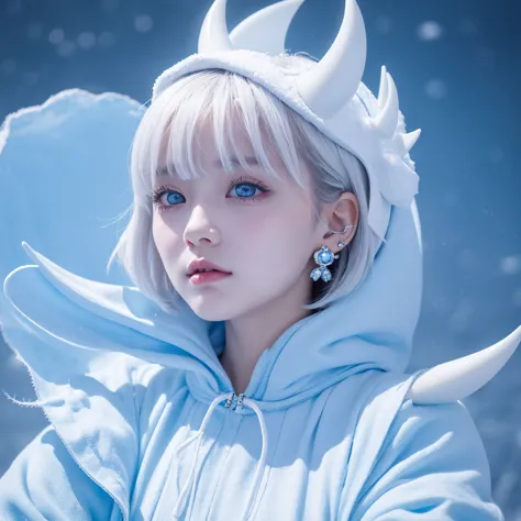 beauty, 1 girl trapped in a big piece of ice, 金 の　Horns Growing from Her Head　In the snow　bob cut the blue cloth　Eat yogurt　Devil-chan　 white clothes　 Camisole Dress 　 Many ear piercings　White of the eyes