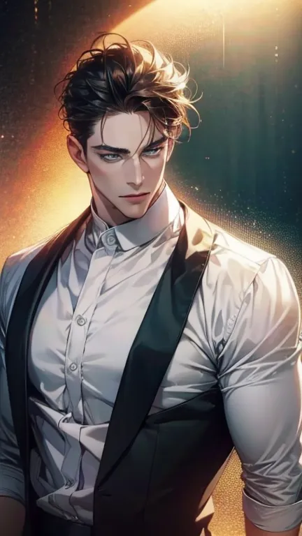 (  best quality,4K,8k,   highres,  masterpiece :1.2),  posture high resolution, white dress shirt ,(Realistic,photoRealistic,photo-Realistic:1.37),36-year-old man,3 day beard,Beautiful anime,Portraits,strong,masculine,     with dark hair  ,sharp jaw,      ...