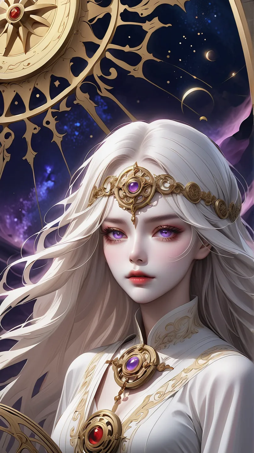 Artwork with a fantastical and magnificent atmosphere. **A beautiful woman stands gracefully in the center of the Wheel of Fortune. Her long hair dances in the wind, and her eyes have a mysterious glow as if gazing into the distant future. Behind her, the ...