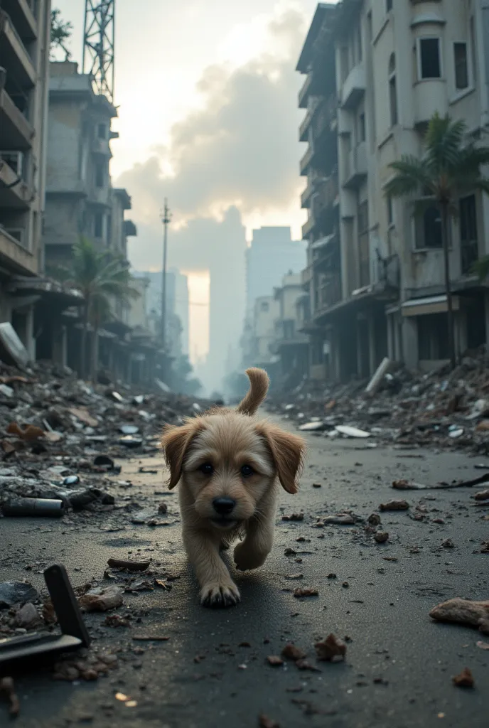 Frightened puppy walking down a street in a ruined city destroyed by war, fire and smoke, and fallen buildings 